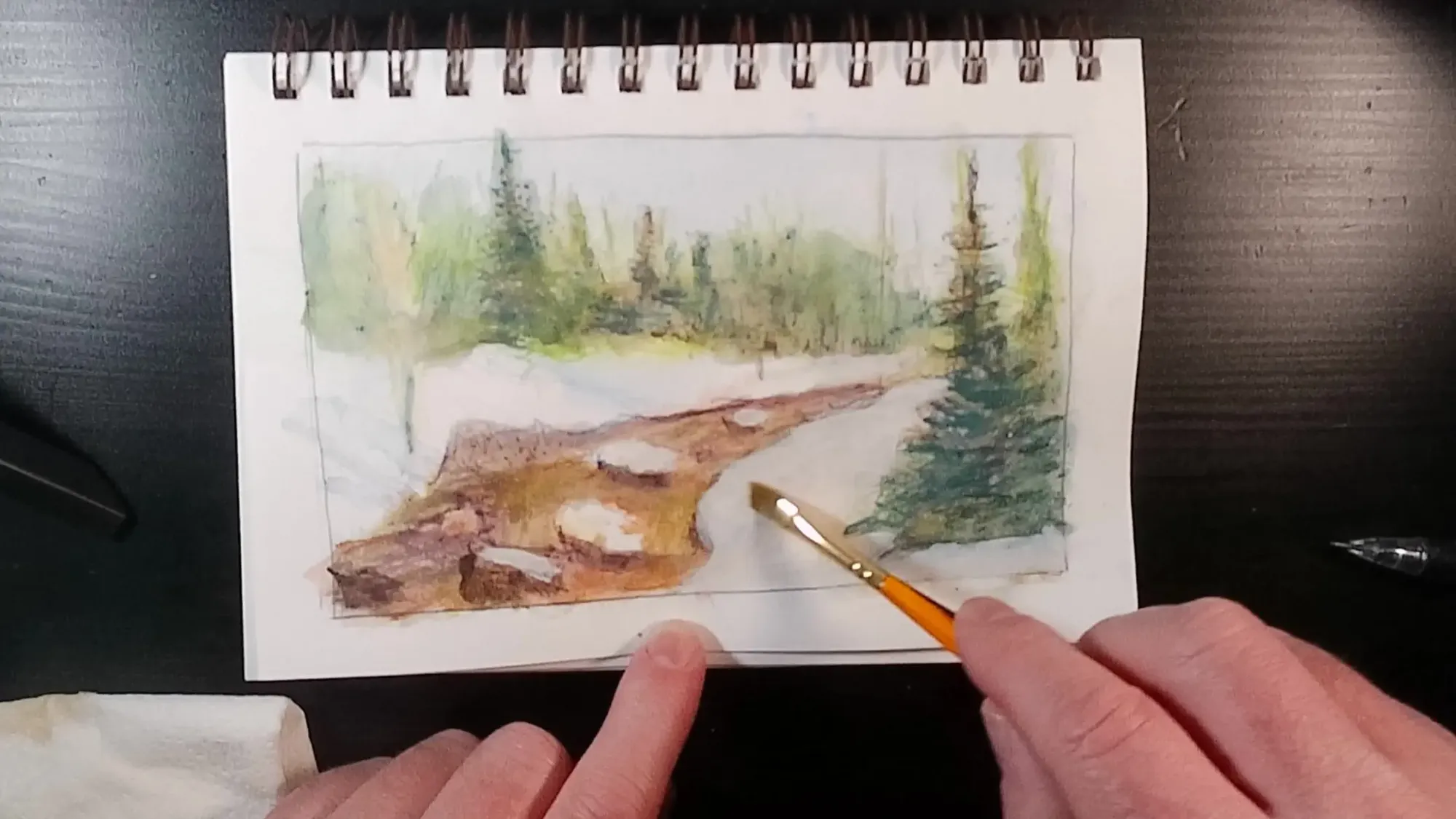 Sketch of River in the snow after adding Inktense white