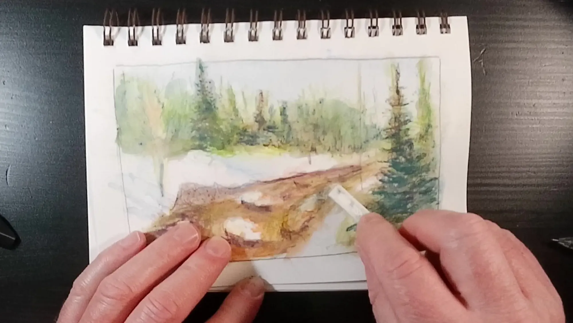 Sketch of River in the snow before adding Inktense white